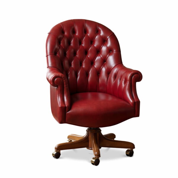 Poltrona direzionale di lusso in pelle rossa capitonné con base girevole in legno, realizzata artigianalmente in Italia