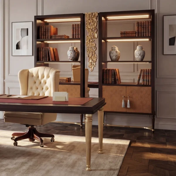 Luxury dark wood executive bookcase featuring mirrored back panels, integrated LED lighting, and ornate gold central carving
