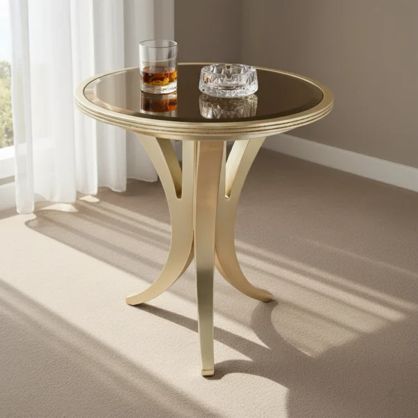 Studio shot of a gold occasional table featuring a dark bronzed mirror top and sleek curved tripod legs