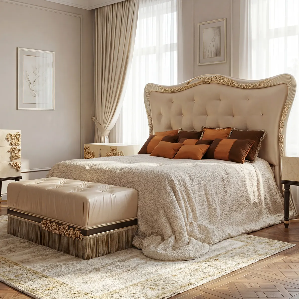 Роскошная прикроватная банкетка с каретной стяжкой, золотом и бахромой Бежевая мягкая банкетка капитоне с золотым резным декором и длинной бахромой у изножья кровати в классической спальне