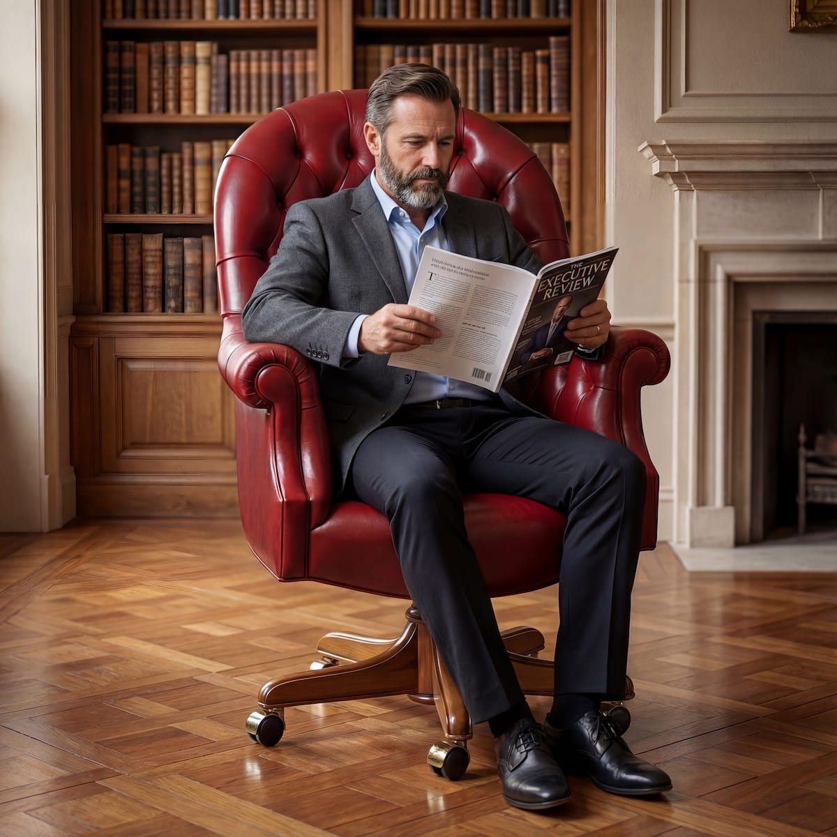 Роскошное кожаное директорское кресло с капитоне Роскошное директорское кресло из красной кожи с капитоне и деревянным вращающимся основанием, ручная работа Италия