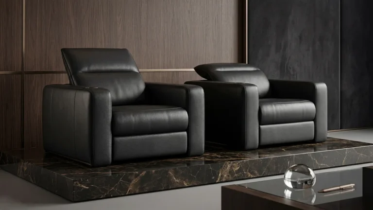 Elegant home theater seating with marble details and contemporary design