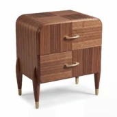 Comodino di lusso in noce canaletto con due cassetti, design mid-century, venature incrociate e piedini rastremati in ottone — collezione Canaletto Marzorati
