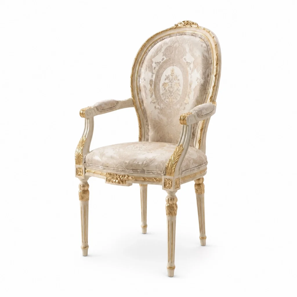 Bespoke Ceremonial Tables for Institutions & State Ceremonies | Marzorati Made in Italy Poltrona da banchetto di stato Valdoro di Marzorati in stile Luigi XVI: struttura in legno laccato avorio con ricchi intagli e decori in foglia oro, schienale ovale a medaglione con imbottitura in tessuto damascato avorio con motivi fleur-de-lis, braccioli eleganti, gambe affusolate intagliate. Eccellenza artigianale Made in Italy per palazzi reali e cene di gala.