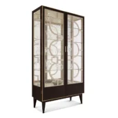 Fuji display cabinet in dark wood with glass shelves and gold trim, Italian craftsmanship.
