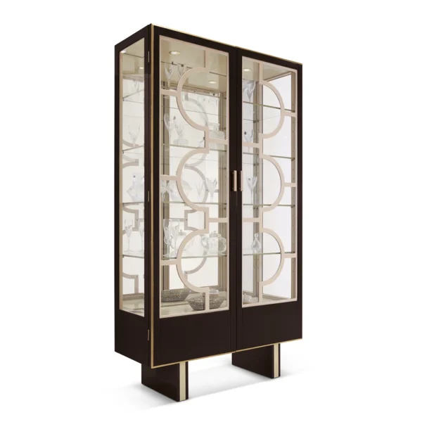 Fuji display cabinet with pedestal base, dark wood with gold trim and glass shelves.