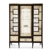 Maya display cabinet in dark wood with glass shelves and gold trim, Italian craftsmanship.