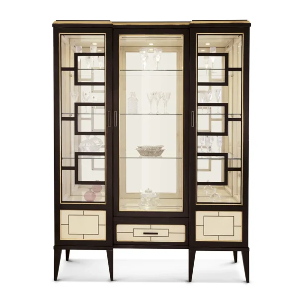 Maya display cabinet in dark wood with glass shelves and gold trim, Italian craftsmanship.