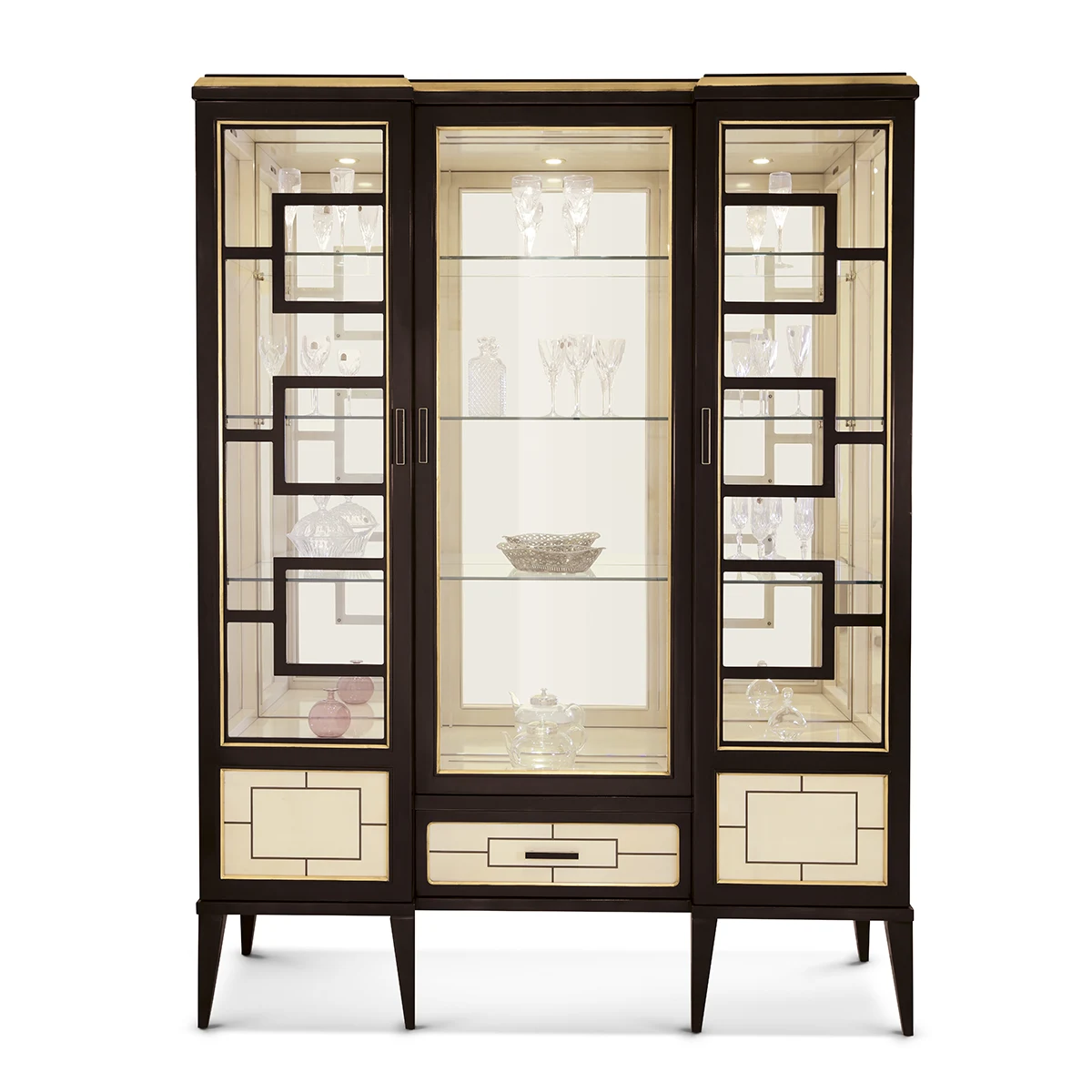 MAYA display cabinet EN Maya display cabinet in dark wood with glass shelves and gold trim, Italian craftsmanship.