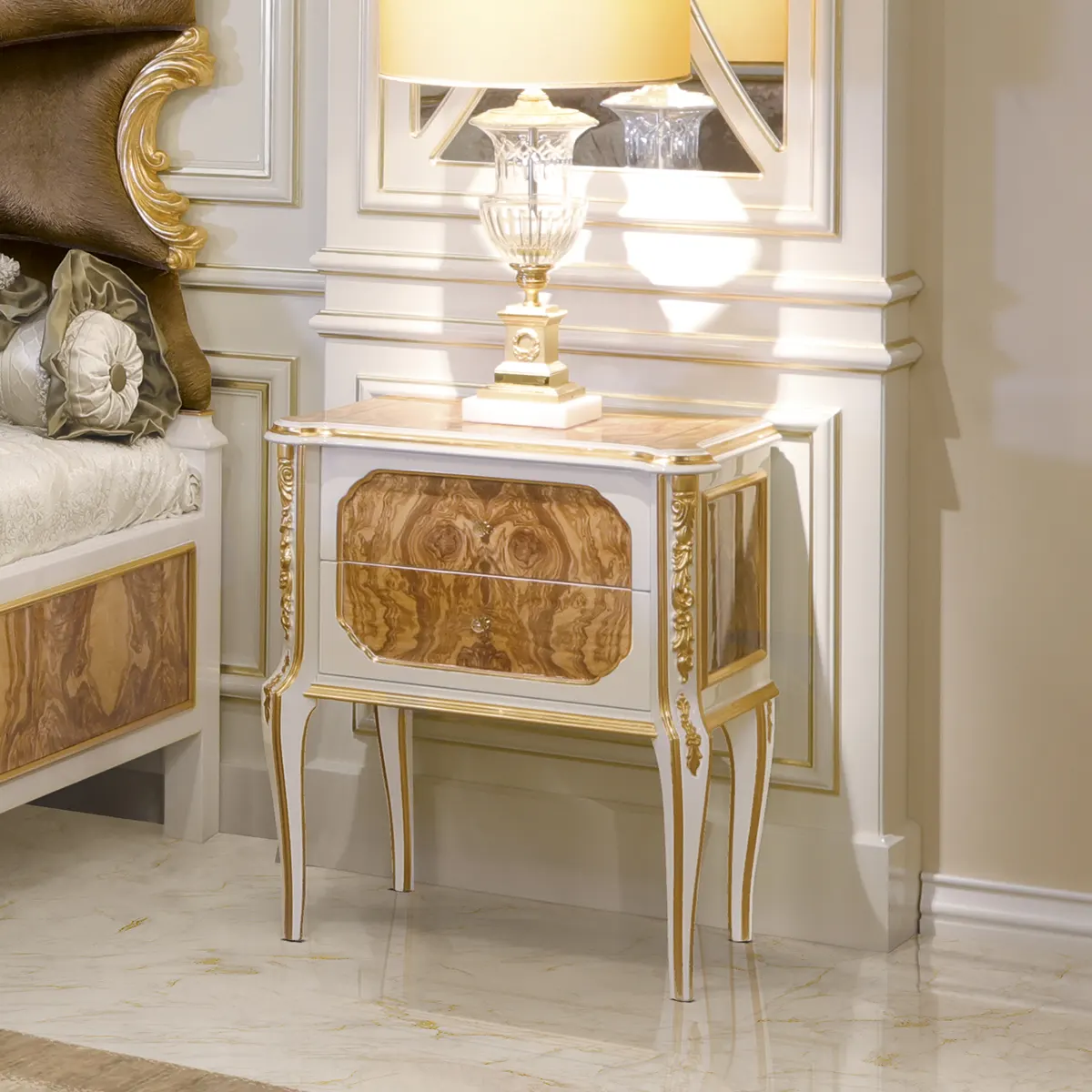 Alba Nightstand, Bed Setting Alba nightstand with marble top and gold details, beside the collection's bed