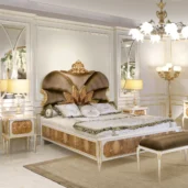 Alba double bed, high gloss lacquered with olive burl veneer, Marzorati collection