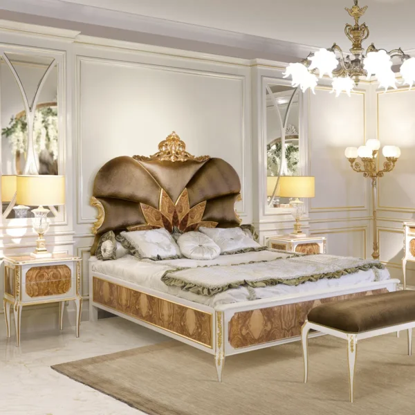 Alba double bed, high gloss lacquered with olive burl veneer, Marzorati collection