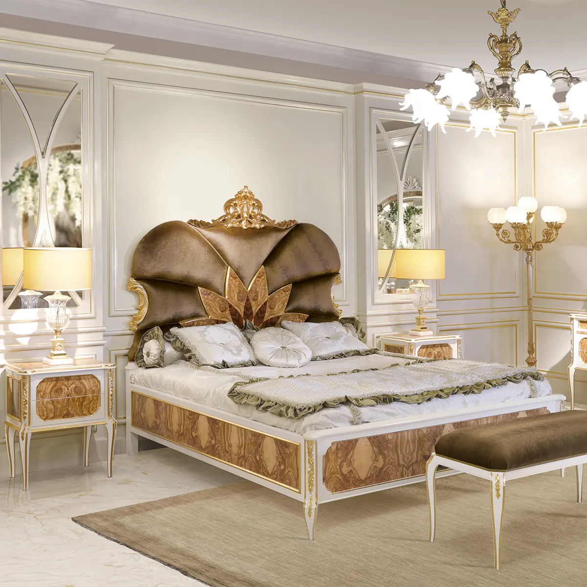 Alba Bed, High Gloss Lacquer Alba double bed, high gloss lacquered with olive burl veneer, Marzorati collection