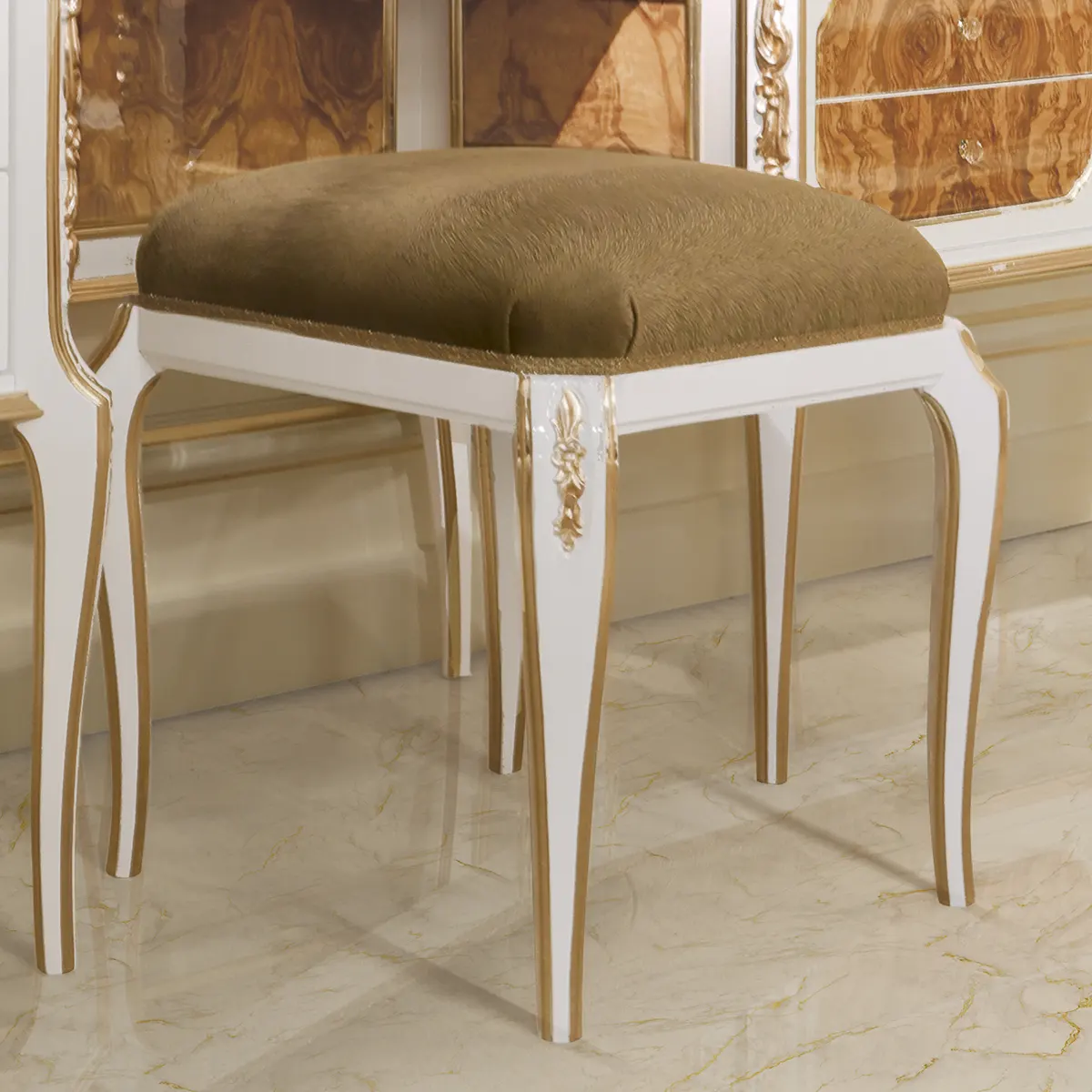 Alba Upholstered Pouf, Gold Details Upholstered pouf with gold details, Alba collection by Marzorati