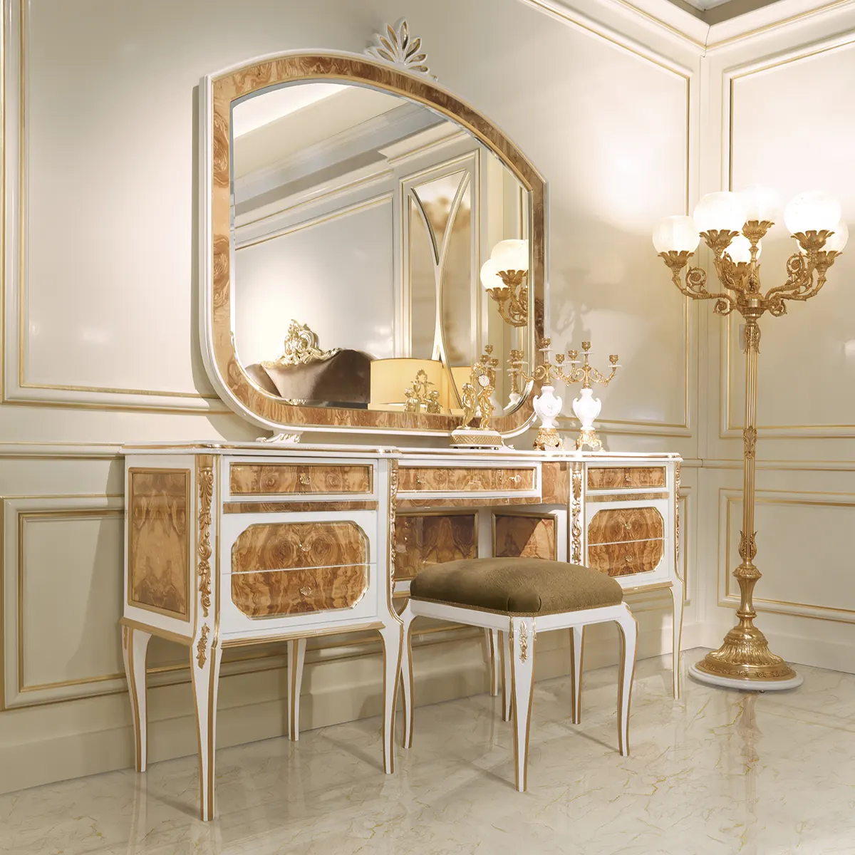 Alba Vanity Dresser with Mirror Alba vanity dresser with mirror and matching pouf, gold details, luxury bedroom setting