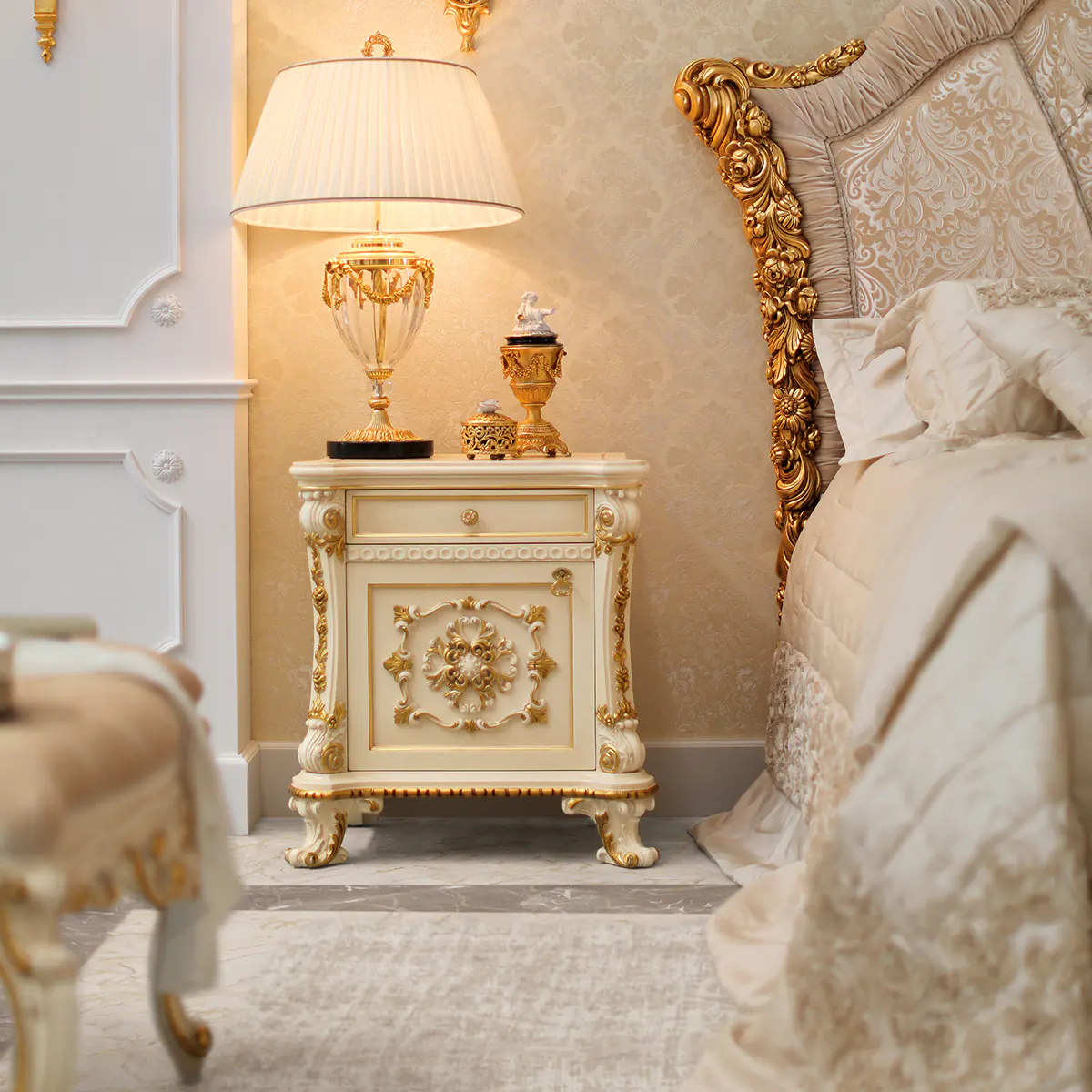 Carved Nightstand Baroque Gold Nightstand, hand-carved in baroque style with gold details, beside the collection's bed