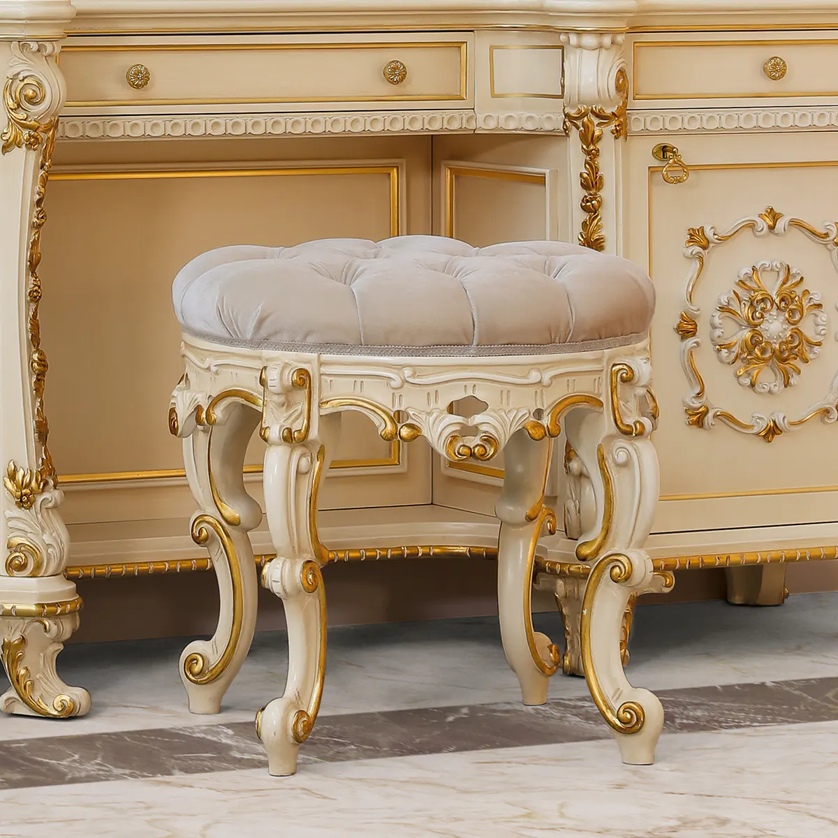 Carved Pouf Baroque Gold Pouf, hand-carved with gold details, Italian baroque style — Ambra collection by Marzorati