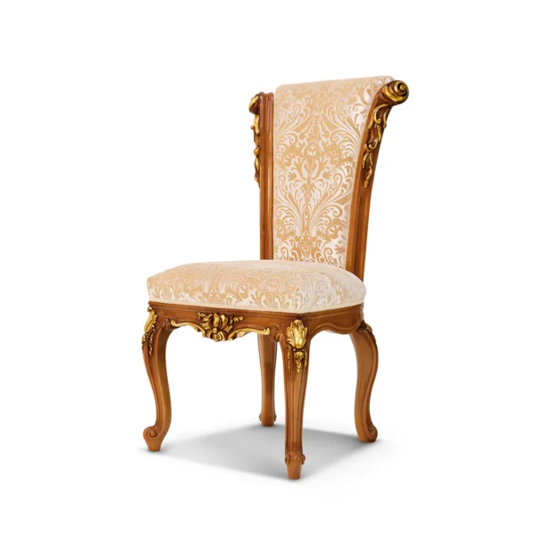 Upholstered dining chair in damask fabric with carved legs and gold details — Ambra collection by Marzorati