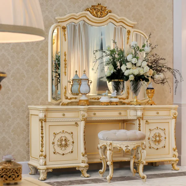 Three-panel mirror, hand-carved with gold details, baroque style — Ambra collection by Marzorati