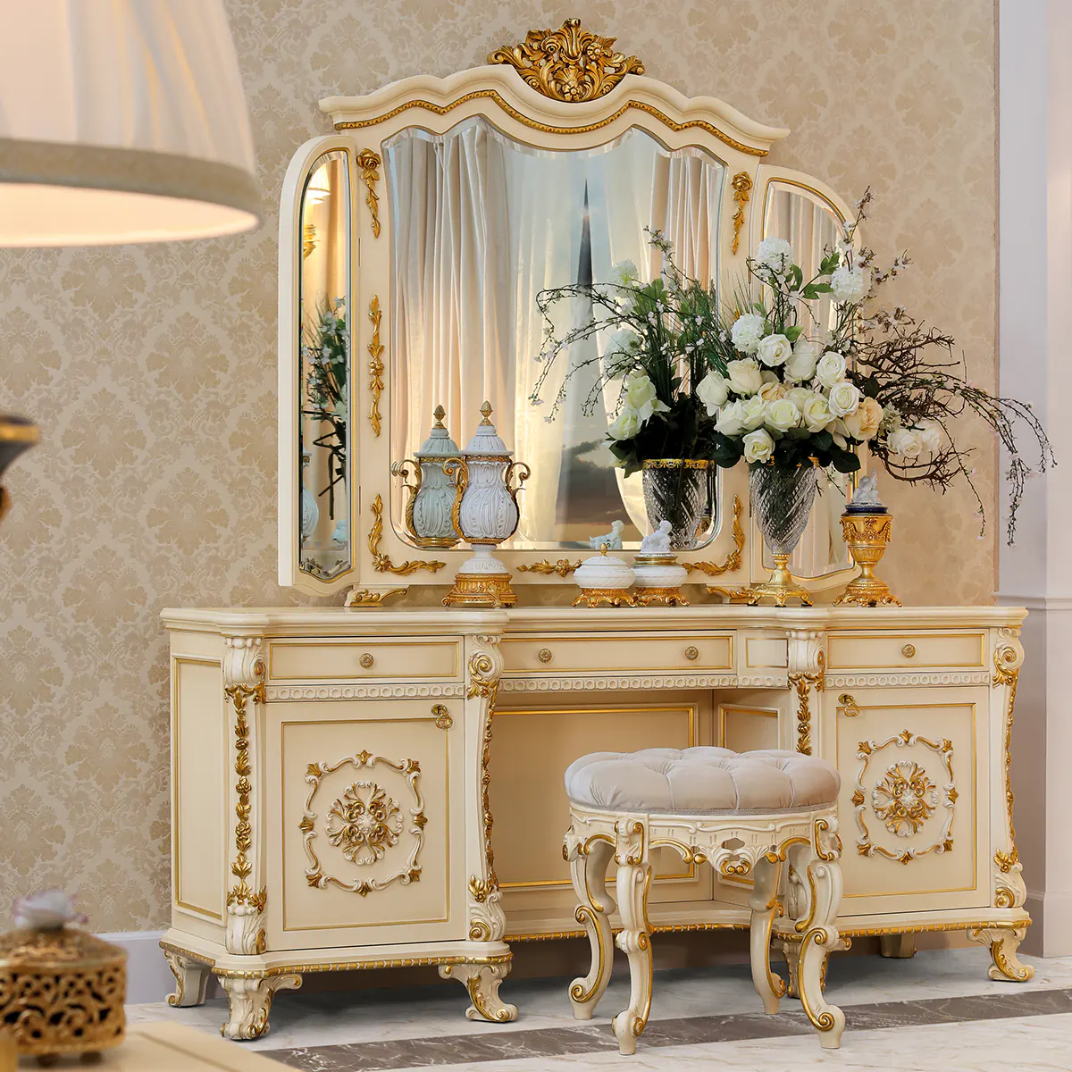 Ambra Vanity Dresser Carved Gold Ambra vanity dresser, carved with mirror and gold details, Italian baroque style