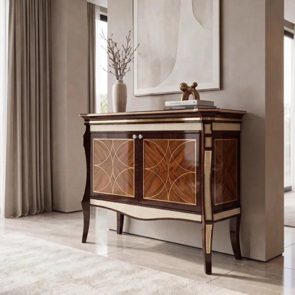 Luxury ebony wood sideboard with four doors featuring geometric gold inlay, brass trim and curved legs, high-end classic dining room furniture