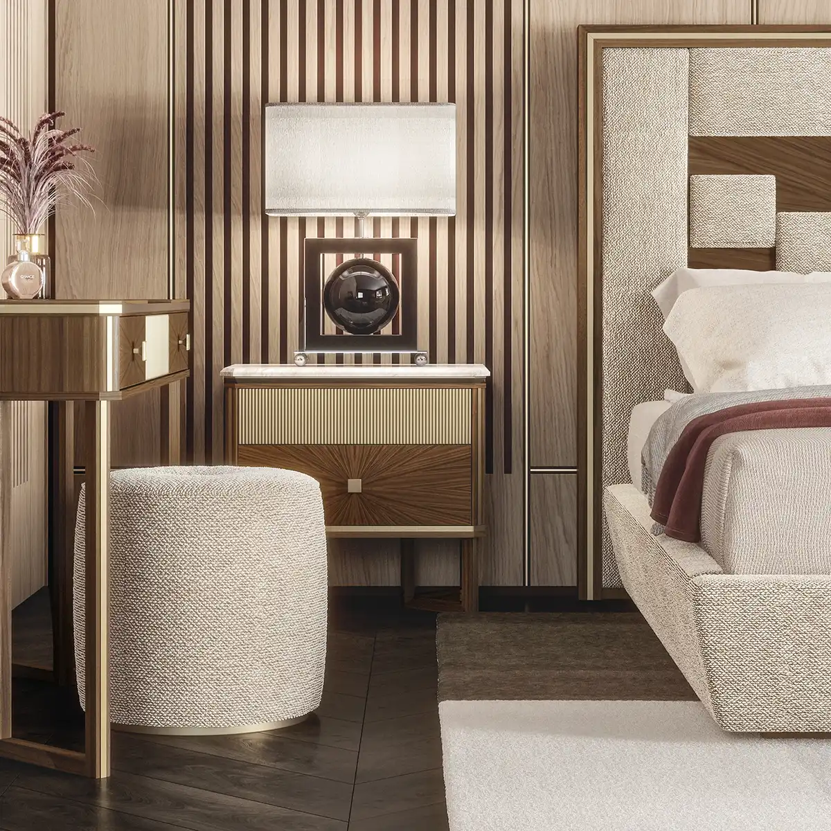 Brera Nightstand with Pouf Brera nightstand with matching pouf, modern bedroom setting