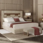 Brera bed with upholstered headboard and Canaletto walnut veneer, Marzorati collection