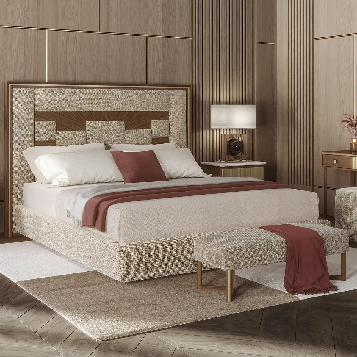 Brera Bed, Canaletto Walnut Brera bed with upholstered headboard and Canaletto walnut veneer, Marzorati collection