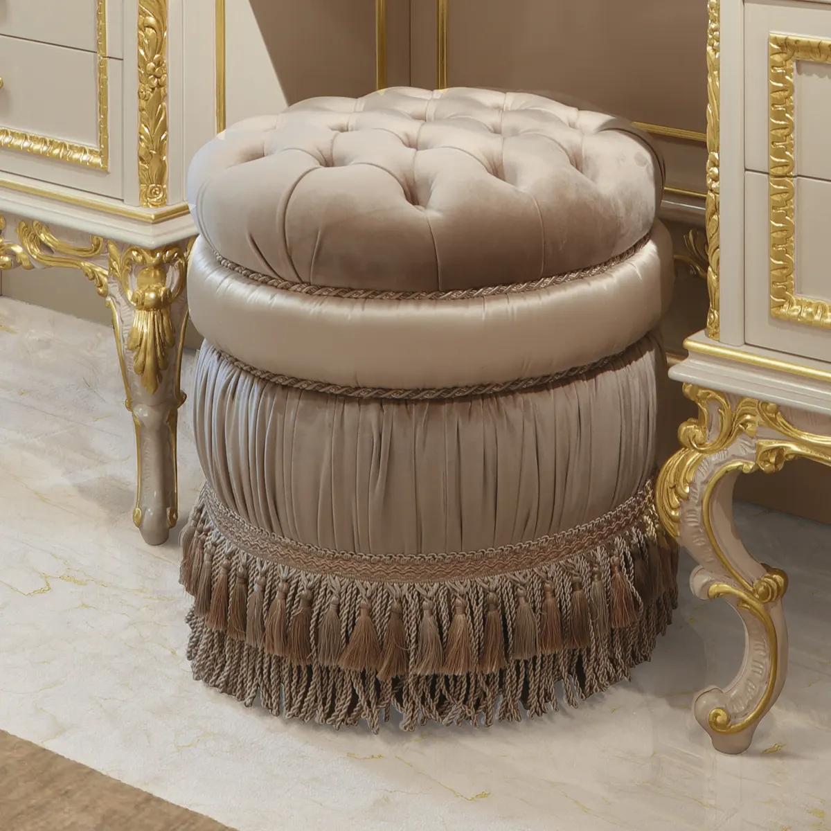 Carmen Pouf Gold Leaf Pouf hand-carved with gold leaf, damask upholstery, Carmen collection by Marzorati