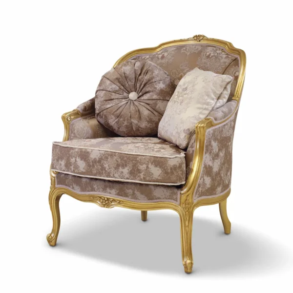 Carmen Romantica armchair in baroque style, hand-carved with gold leaf and damask