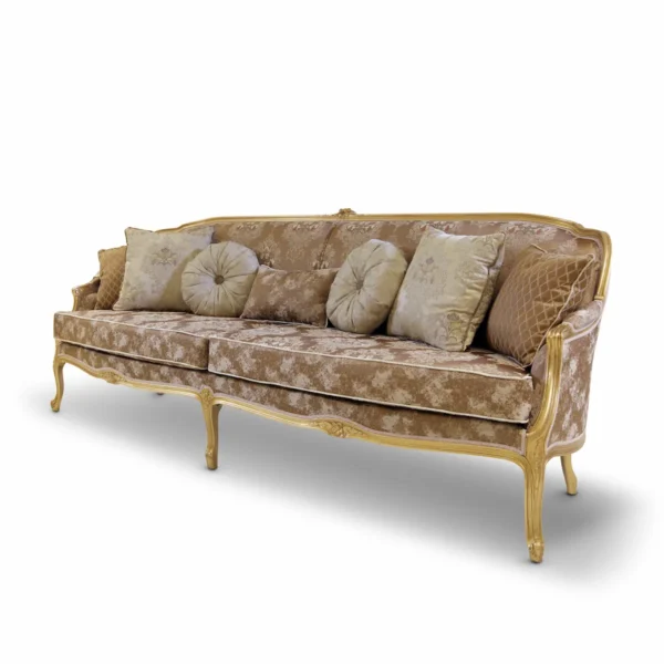 Carmen Romantica sofa in baroque style, hand-carved with gold leaf, beige damask upholstery