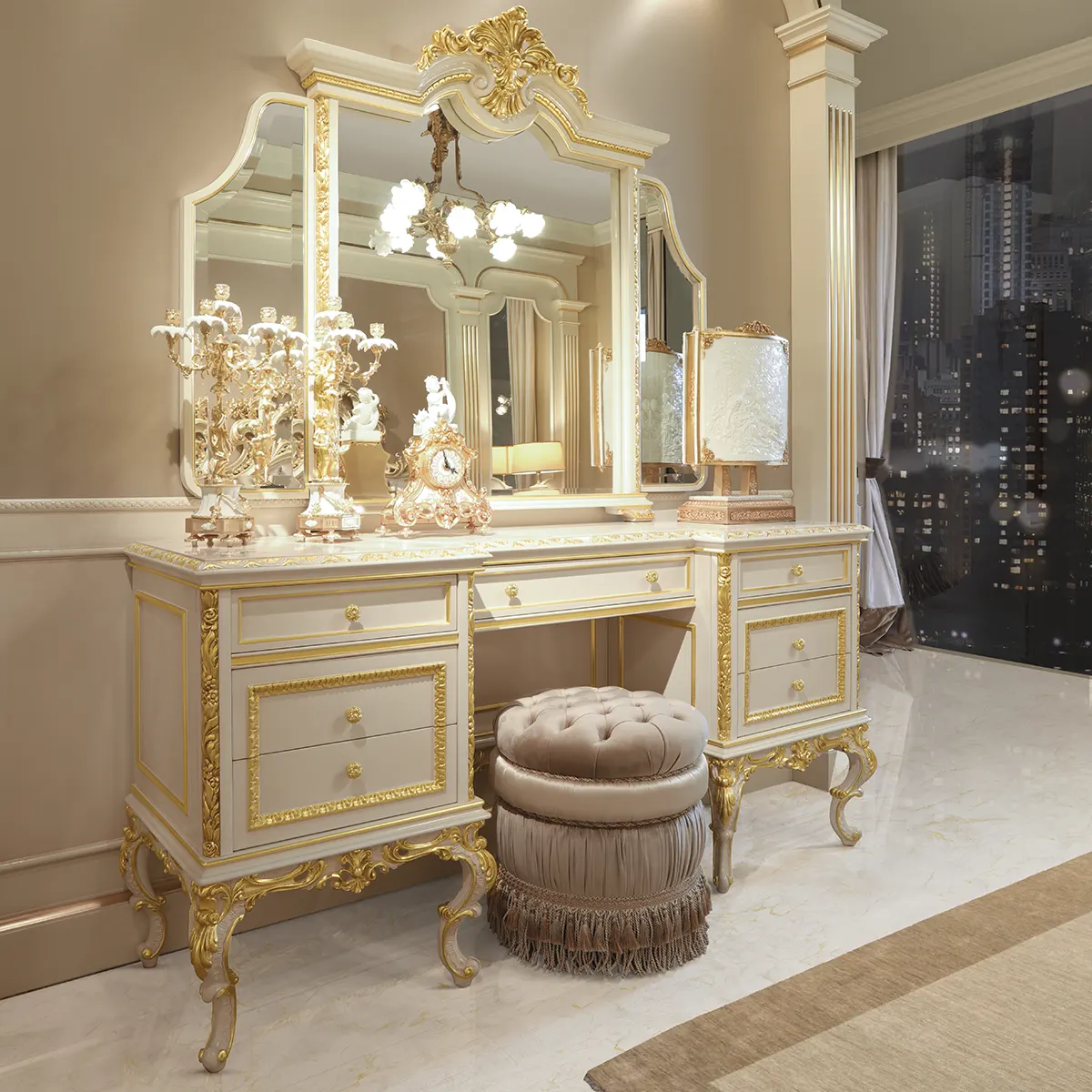 Carmen Vanity Dresser Mirror Carmen vanity dresser with mirror and gold details, Marzorati collection