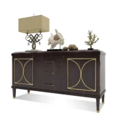 Chelsea large sideboard with central drawers, dark wood with gold details, luxury Italian craftsmanship.
