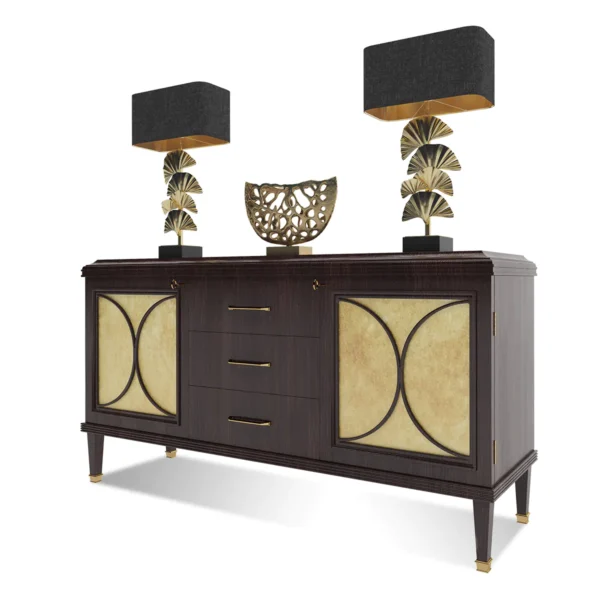 Chelsea large sideboard with central drawers, dark wood with gold details, Italian craftsmanship.