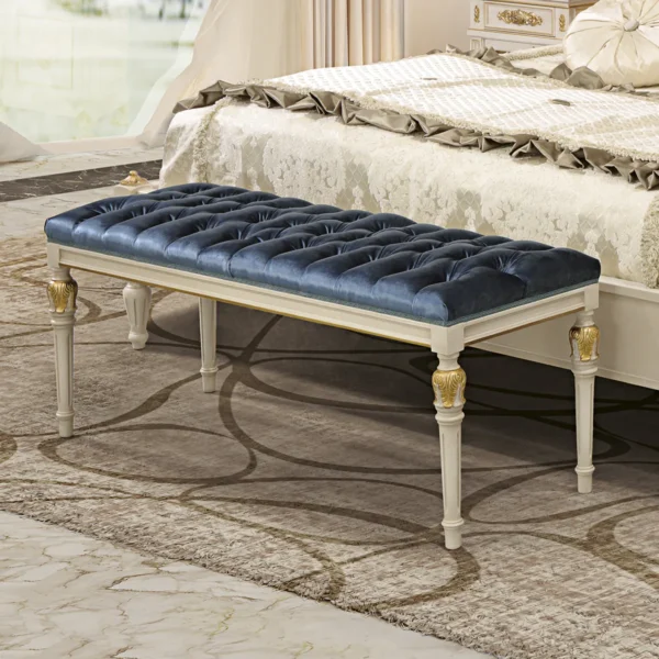 Ducale upholstered tufted bench in a classic bedroom setting, handcrafted by Italian artisans