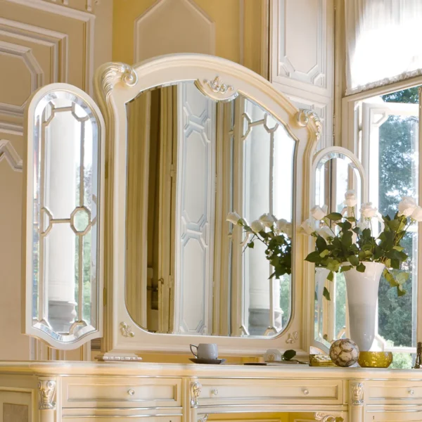Eden 3-panel carved mirror, vanity detail with flower vase