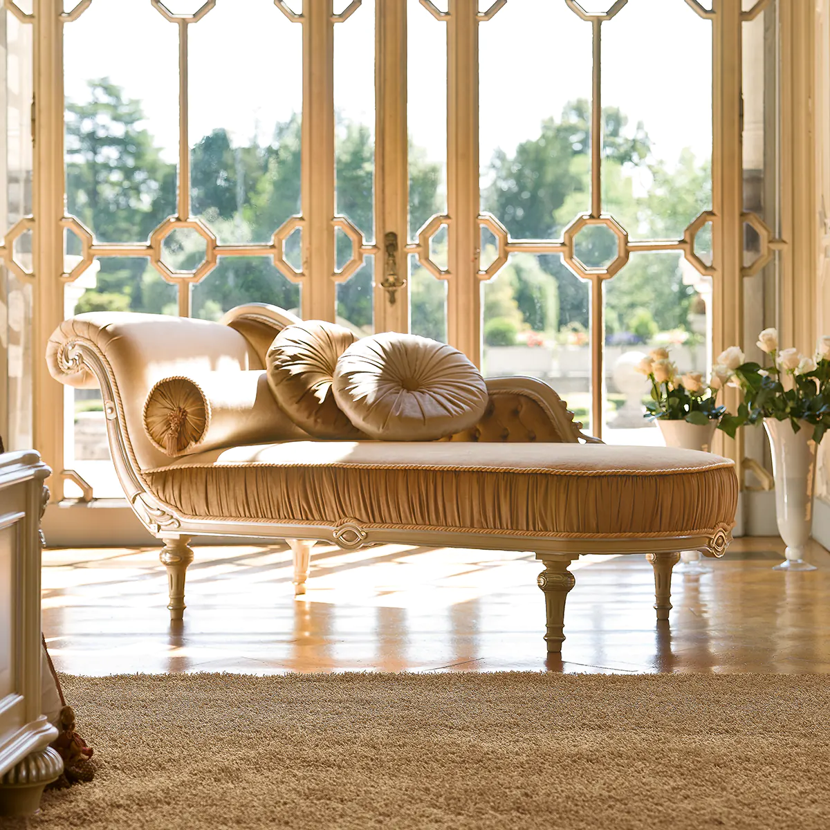 Eden Dormeuse Chaise Longue Left Eden left dormeuse in embroidered velvet with wood carvings, luxury interior
