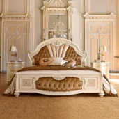 Eden king size bed in solid canaletto walnut, luxury classic villa bedroom interior
