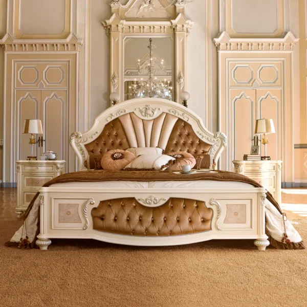 Eden king size bed in solid canaletto walnut, luxury classic villa bedroom interior