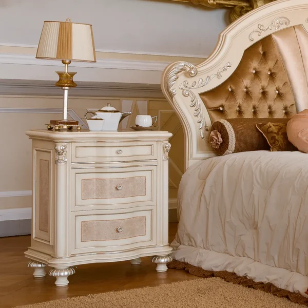 Eden nightstand in carved wood with lamp, luxury villa interior
