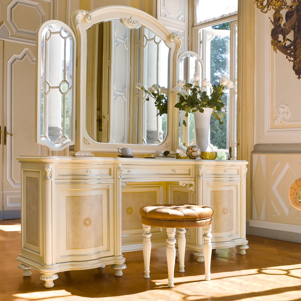 Eden Carved Vanity with Mirror Eden carved vanity with matching mirror, luxury bedroom interior