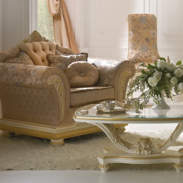 Edo armchair in carved wood, luxury living room setting