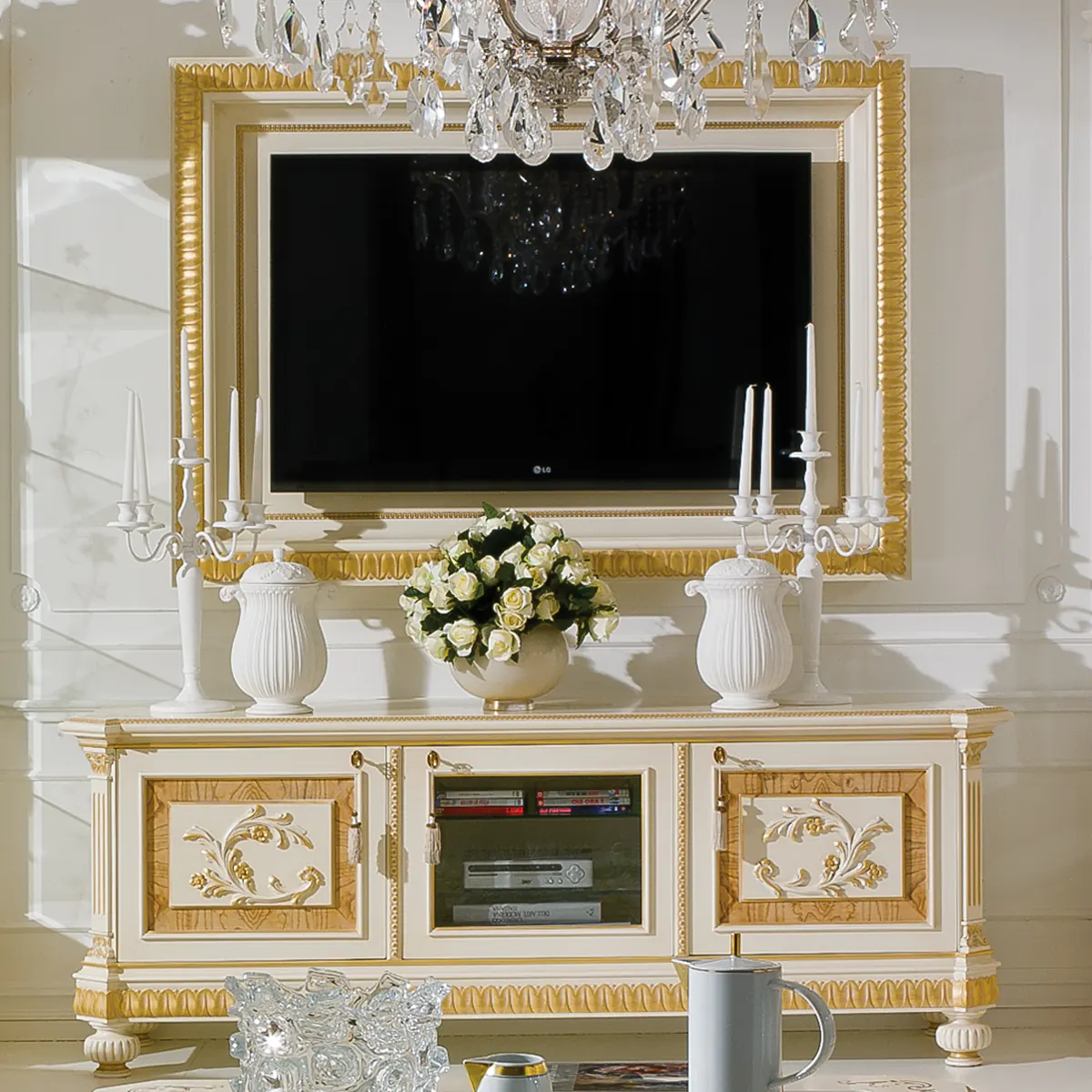 Edo Carved Wood TV Stand Edo carved TV stand, luxury living room setting