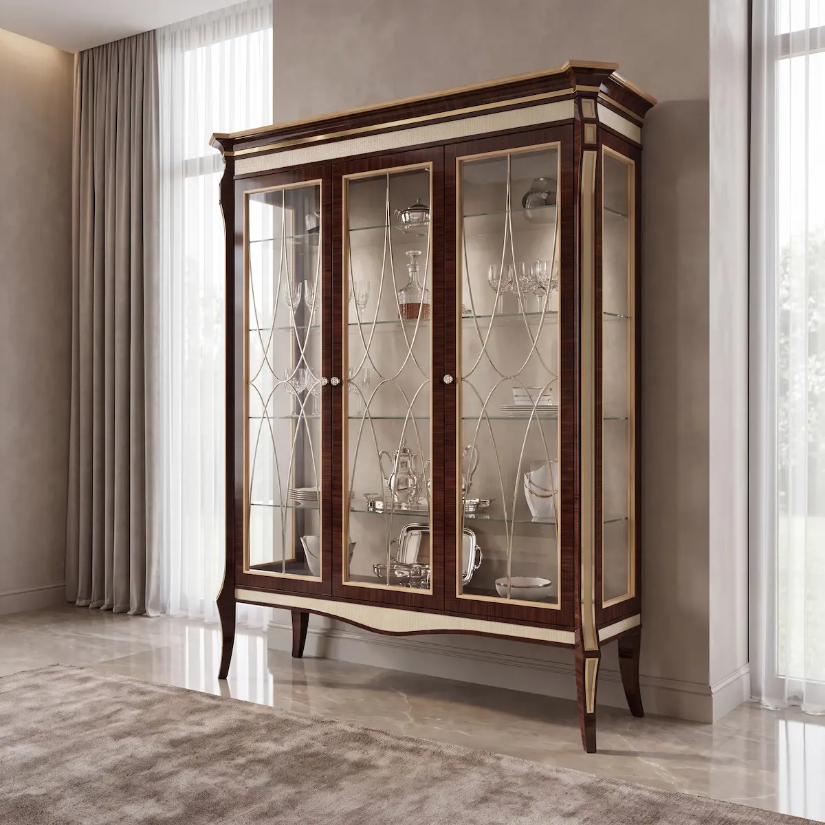 Luxury Ebony Display Cabinet with Gold Details - Neoclassical Style Luxury ebony wood display cabinet with gold finishes, glass doors and ivory woven inserts, high-end classic furniture