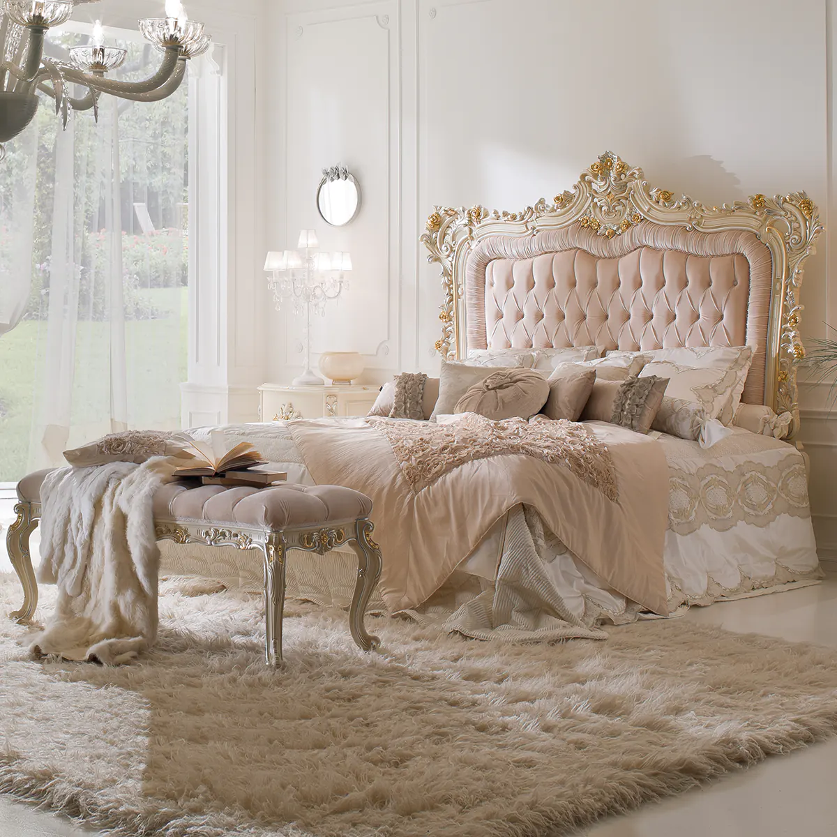 ELEONOR bed EN Eleonor hand-carved wood bed with ornate headboard, styled in a luxurious Italian bedroom.
