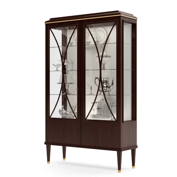 Chelsea display cabinet in solid walnut with crystal shelves, luxury Italian design.