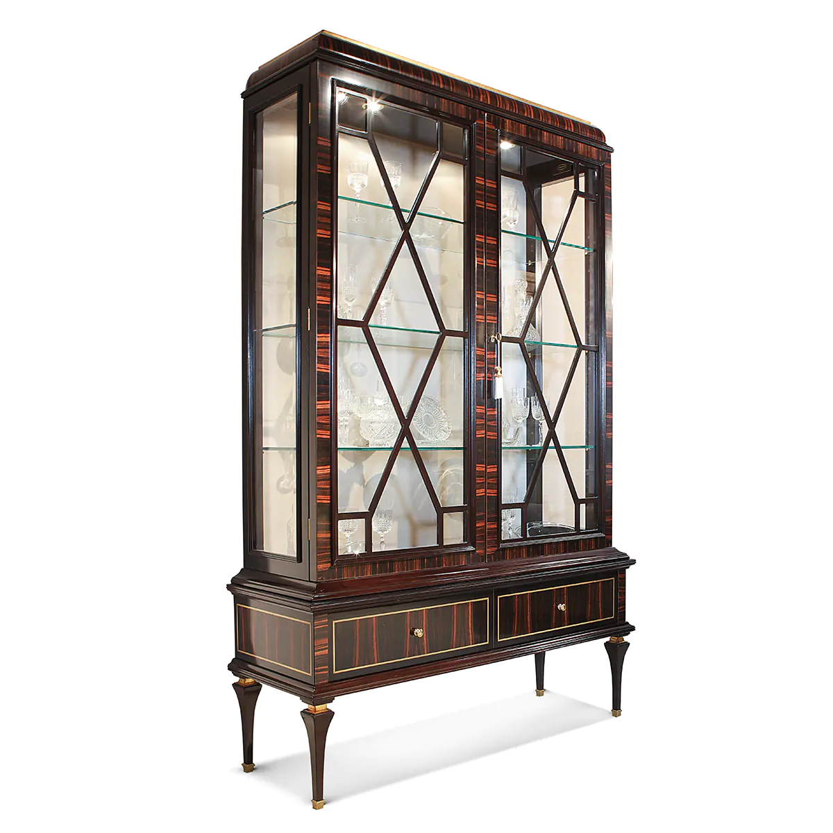 LUNA display cabinet EN Luna display cabinet in dark wood with gold trim and glass shelves, Italian craftsmanship.