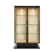 Vogue display cabinet in dark wood with gold trim and glass shelves, Italian craftsmanship.