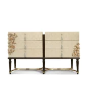 Flora double dresser in solid wood with gold details, luxury Italian craftsmanship.