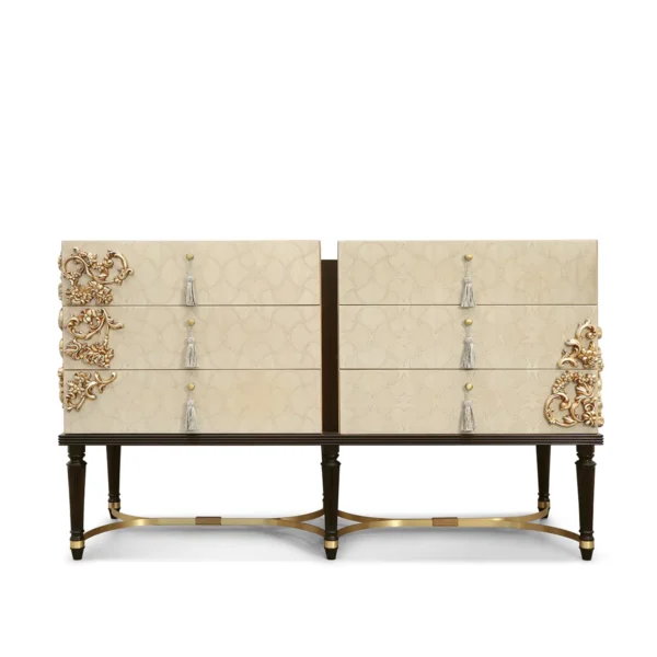 Flora double dresser in solid wood with gold details, luxury Italian craftsmanship.